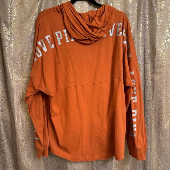 PINK Victorias Secret Orange Silver Glitter Varsity Long Sleeve Hoodie Shirt L N - Picture 2 of 10